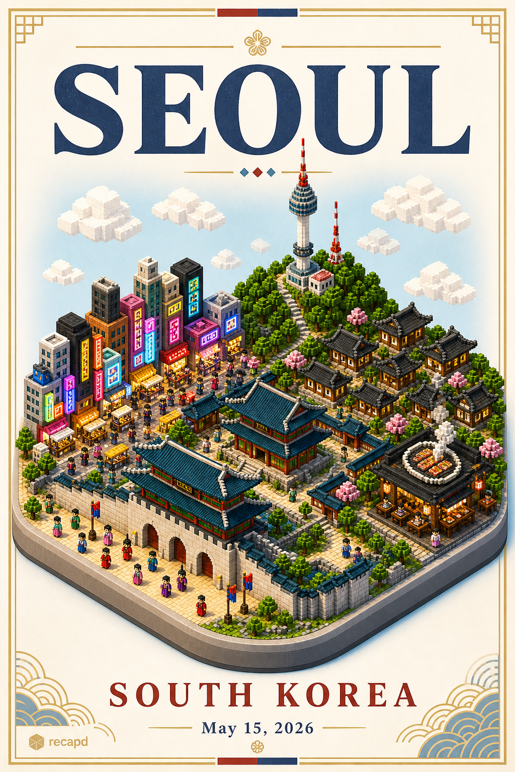 A Recapd Seoul trip poster in a playful voxel diorama style